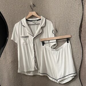 White with Black Trim Pajama Set Button Up and Shorts